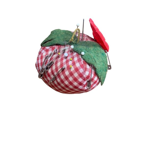 Vintage Gingham Tomato Pin Cushion with Safety Pins & Pins - Picture 1 of 14